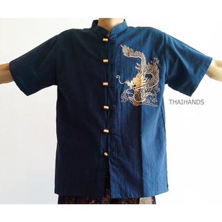 เสื้อผู้ชาย เสื้อผ้าฝ้าย กระดุมไม้  ปักลายมังกร Shirt Indigo Unisex Short Sleeve Denim Cotton Wooden Buttons