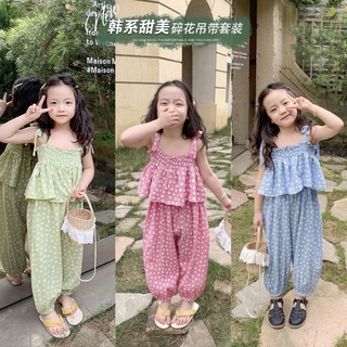 ชุดเซตสำหรับเด็กผู้หญิง&lt;พร้อมส่ง&lt;ชุดเซ็ทเด็กลายดอกไม้เสื้อสายเดี่ยว+กางเกง