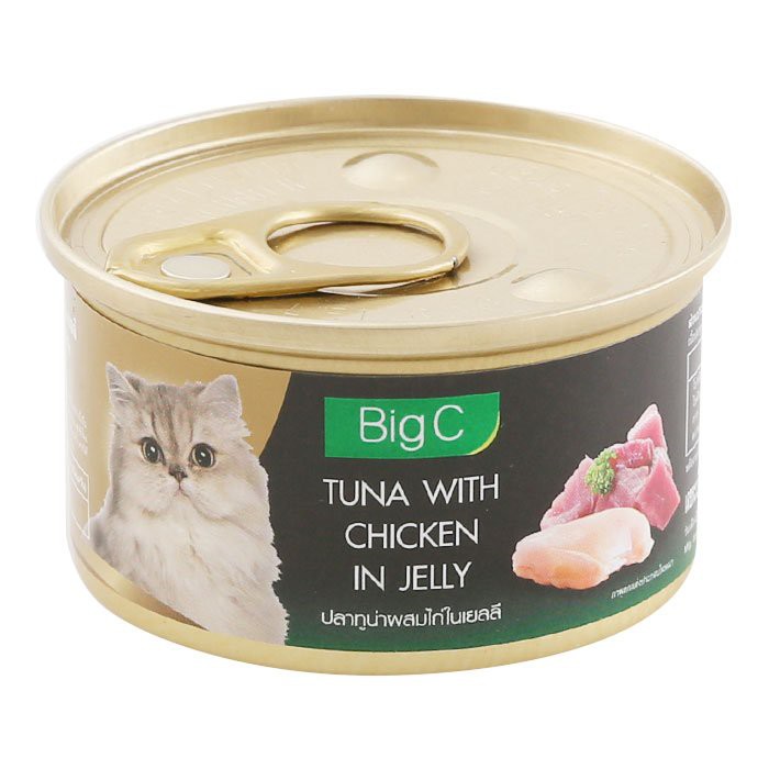 🔥The Best!! บิ๊กซี อาหารแมว ปลาทูน่าผสมไก่ในเยลลี่ 85 ก. BIG C Cat Food Tuna With Chicken In Jelly 85 G