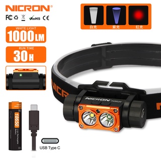 Nicron H35UV ไฟฉายสวมศีรษะ 1000LM 395nm ความสว่าง สีขาว UV ไฟหน้า LED คู่ แสงเลเซอร์สีแดง แบบพกพา กันน้ํา 18650 ไฟฉายแบบชาร์จไฟได้ H35UV