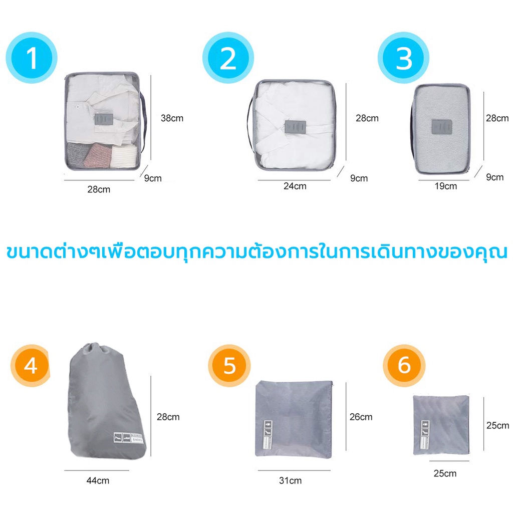 SeaChoice กระเป๋าเก็บของแบบชุด ถุงเก็บของ6ชิ้น กระเป๋าเก็บของสำหรับการเดินทาง ซิป SBS เก็บเสื้อผ้ารองเท้าถุงเท้า