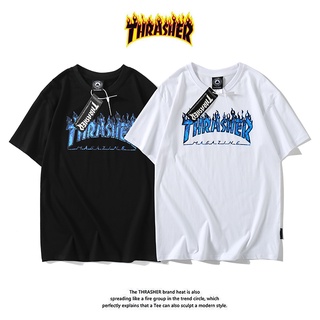 เสื้อยืดคอกลม แขนสั้น พิมพ์ลายเปลวไฟ thrasher สไตล์คลาสสิก สําหรับทุกเพศS-5XL