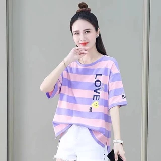 เสื้อยืดแฟชั่นผู้หญิงลายทางแขนสั้นคอกลม เนื้อผ้าดีใส่สบาย! New Fashion women's #HAN SY SOCIETY