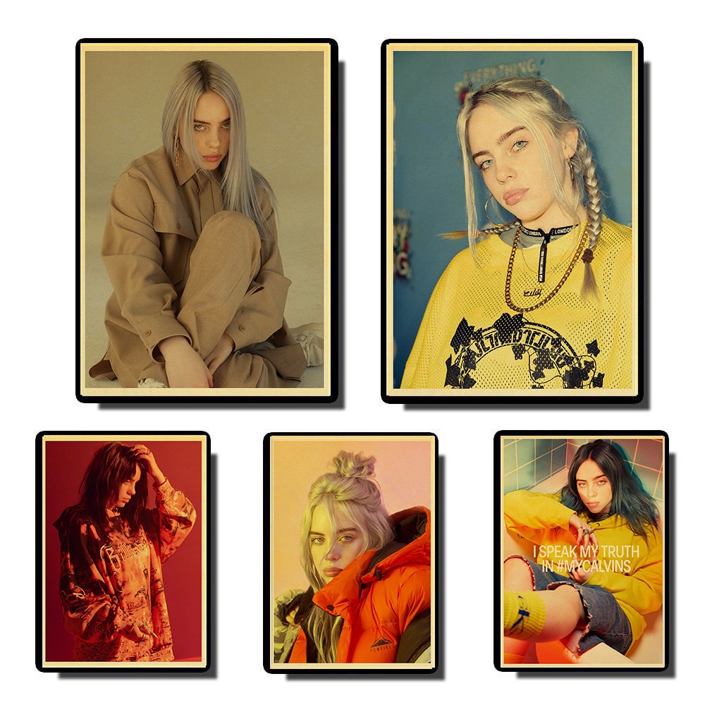 โปสเตอร์ ลายนักร้อง Billie Eilish และดาว สไตล์เรโทร สําหรับตกแต่งผนัง ห้องนั่งเล่น