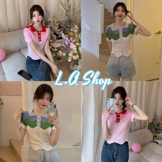 L.A Shop พร้อมส่ง เสื้อไหมพรมแขนสั้นคอปก ดีเทลถักเป็นคลื่นน่ารักมาก "C571"