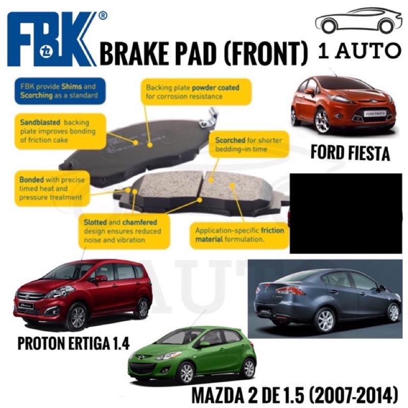 FBK ผ้าเบรคหน้า FORD FIESTA 1.4 1.5 1.6 1.0 ECOBOOST PROTON ERTIGA MAZDA 2 DE TOYOTA TANK ROOMY 1.0 