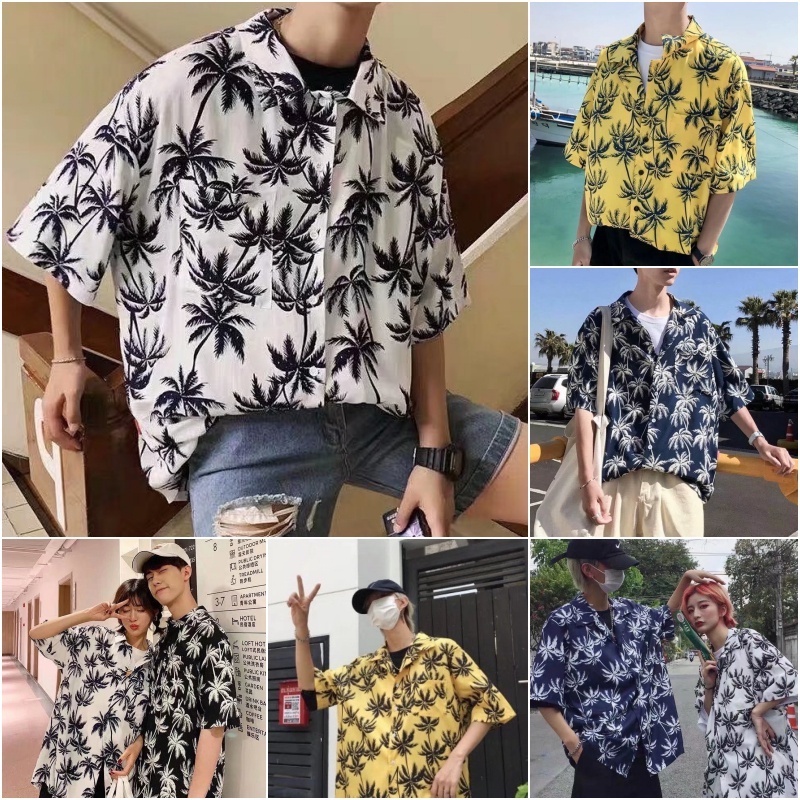 COD M-3XL เสื้อฮาวาย แขนสั้น ลายใบไม้ ทรงหลวม เสื้อคู่ แฟชั่นฤดูร้อนเสื้อเชิ้ตผู้ชาย