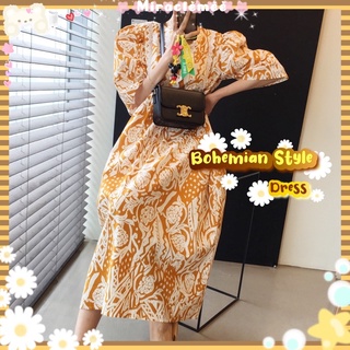 Bohemian Style พร้อมส่ง เดรสคอกลม ลายดอกไม้โบฮีเมียน ทรงoversize เดรสลายดอกไม้ เดรสทรงใหญ่ งานป้าย