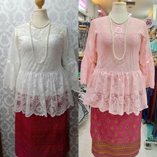 เสื้อผ้าคนอ้วน เสื้อผ้าลูกไม้เนื้อนิ่มมีซับในแขนแต่งระบายรูดฟรุ่งฟริ้งมากต่อเอวรูดระบายใส่ได้