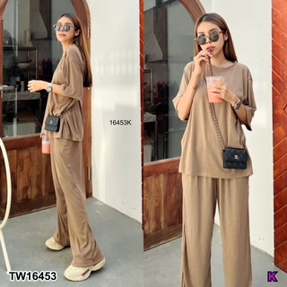 TW16453 Korea Style Set เซทเสื้อแขนสั้นทรง Oversize ผ่าด้านข้าง + กางเกงขายาวทรงปล่อยๆ เอวยางยืดมีกระเป๋าล้วงข้าง