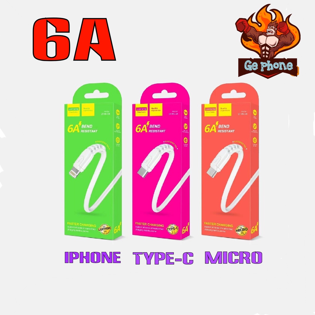 สาย ชาร์จUSB ชาร์จเร็ว 6A LT34 สายชาร์จ MICRO TYPE-C สายยาว 1เมตรสาย USB FASTER CHARGING ของแท้