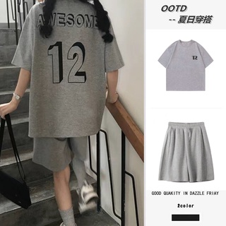 ชุดกีฬา เสื้อยืด แขนสั้น สีเทา และกางเกงขาสั้น สไตล์เกาหลี เหมาะกับฤดูร้อน สําหรับผู้หญิง นักเรียน