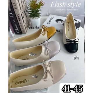 👠sz.41-45 รองเท้าคัชชูหนังนิ่ม แต่งโบว์ทูโทน สีพาสเทล