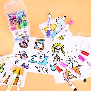 สีเมจิก ปากกาสีน้ำ ไร้สารเคมี มีหัวสแตมป์ สำหรับเด็ก ล้างออกง่าย Non-toxin