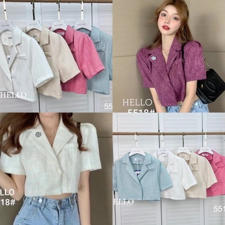 Hello Shop : เสื้อครอปแขนสั้นคอปกผ้าทวีตติดกระดุมแป๊กด้านหน้าเย็บแต่งกระเป๋าหลอก 1 ข้าง