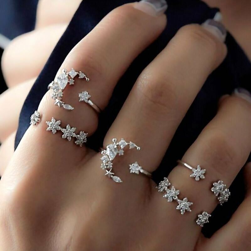 Bohemian แหวนนิ้วมือ ประดับคริสตัล รูปดาว ดวงจันทร์ สีเงิน สไตล์โบฮีเมียน 5 ชิ้น ต่อชุด