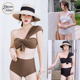 🏖BikiniTime (M-XL) SB126 มี4สี ชุดว่ายน้ำ บิกินี่ทูพีซ สายเดียวเปิดไหล่ บราไขว้อกบิด สีสวยเรียบ เซ็กซี่ ชุดเที่ยวทะเล