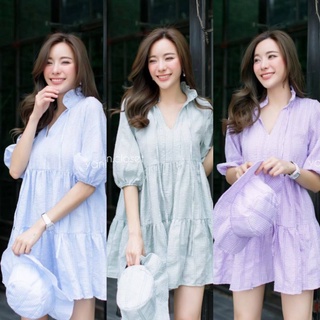 พร้อมส่ง🌈Minidress+หมวก bucket เดรสลายสก๊อตลายใหม่