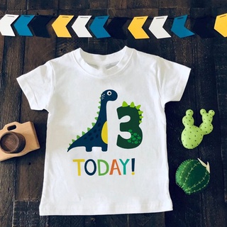 เสื้อยืด พิมพ์ลายการ์ตูนไดโนเสาร์ ตัวเลข ของขวัญวันเกิด สําหรับเด็กผู้ชาย และเด็กผู้หญิง
