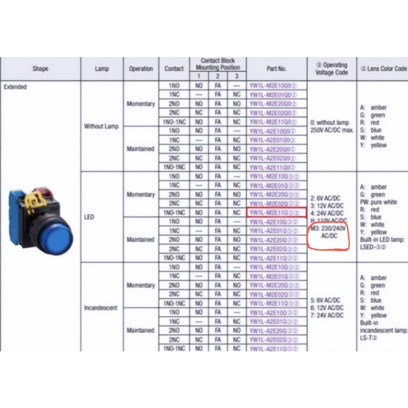 สวิตซ์ปุ่มกด - มีไพล็อทแลมป์ Push button switch & Pilot Lights YW1L-M2E11QM3 ขนาด 22 mm. IDEC - รูปที่ 3