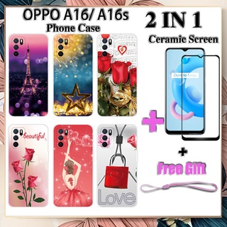 2 IN 1 เคสโทรศัพท์ OPPO A16 A16s พร้อมกระจกนิรภัยกันรอยหน้าจอเซรามิค แบบโค้ง ฟิล์มนิรภัย โรแมนติก