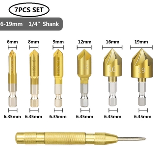 ชุดดอกสว่านเคาน์เตอร์ซิงค์ ก้านหกเหลี่ยม เคลือบไทเทเนียม 5 ร่อง 90 องศา 6-19 มม. สําหรับตัดไม้ 7 ชิ้น