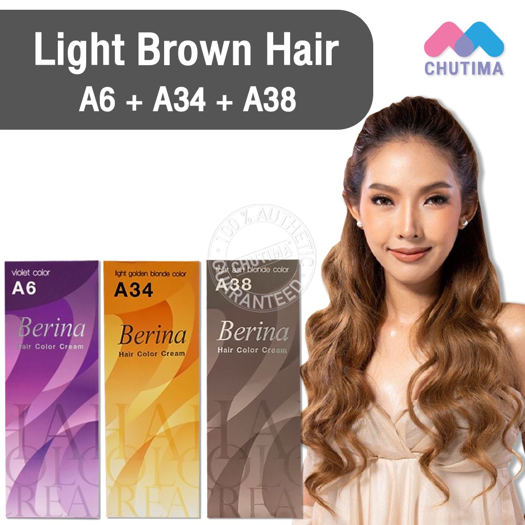สีผมแฟชั่น เซตสีผม เบอริน่า แฮร์ คัลเลอร์ครีม สีน้ำตาลหม่นประกาย Berina  Hair Color Cream Set A6+A34+A38 Light Brown Hair | Shopee Thailand