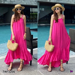 TW13206 Maxi Dress เดรสยาว สายเดี่ยว ดีเทลอกเย็บย่น เนื้อผ้าสปัน มีซับใน ชายหน้าต่อระบายหน้าสั้นหลังยาว