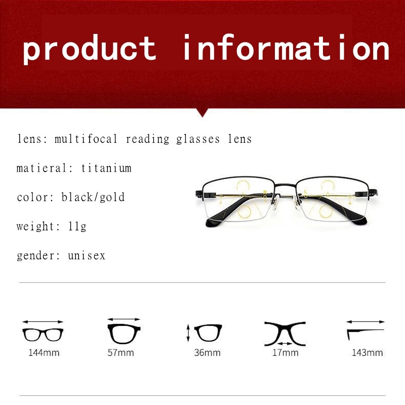 ไทเทเนียมโลหะโปรเกรสซีฟ Multifocal แว่นอ่านหนังสือผู้ชายผู้หญิงป้องกันแสงสีฟ้าที่มีคุณภาพสูงแว่นขยายเบาแว่นสายตายาว