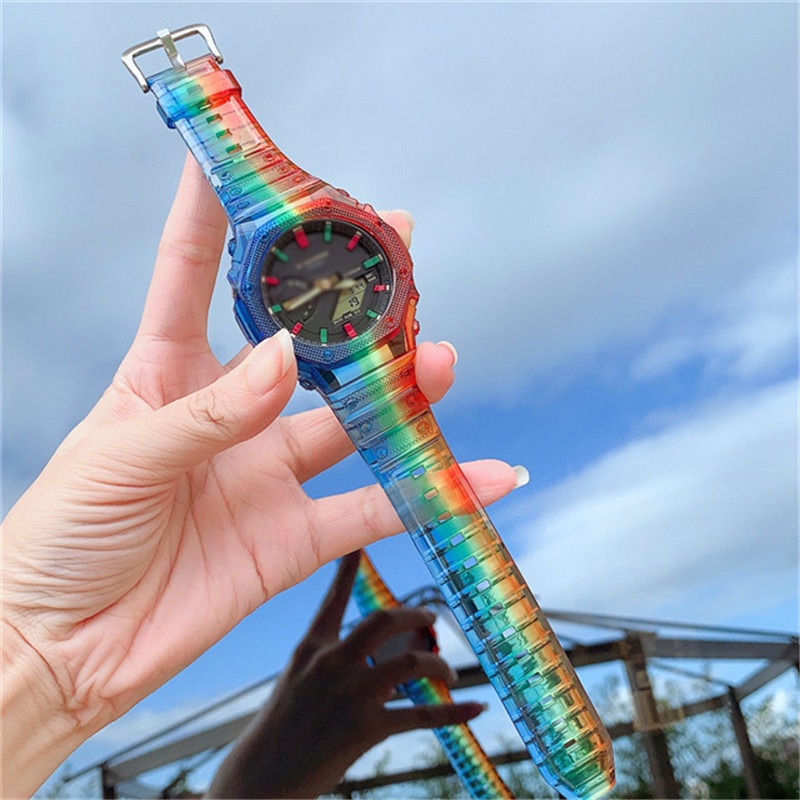 เคสเรซินใส และสายนาฬิกาข้อมือ ไล่โทนสีรุ้ง สําหรับ Casio G-SHOCK GA-2100 19 สี