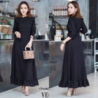 Maxi Dress ผ้าลูกไม้cotton ฉลุลายสีดำ