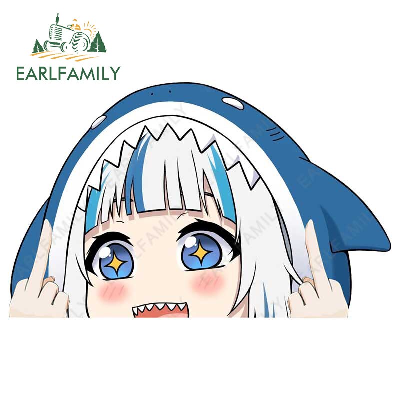 Earlfamily 13 ซม.x 8 ซม.สําหรับ Gawr Gura Shark Peeking อะนิเมะรถสติกเกอร์ไวนิลรถ Wrap Decal Campervan Trunk Windows แล็ปท็อปสติกเกอร์