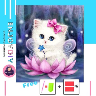 ครอสติสคริสตัล 5d diy diamond painting แบบเม็ด ลาย แมวดอกบัว ติดเต็ม เม็ดกลม พร้อมส่งจากไทย  EnjoyDIY