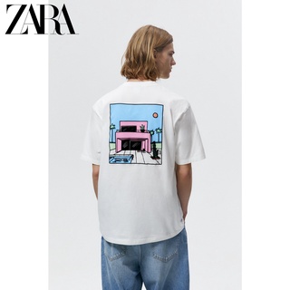 Zara เสื้อยืดแขนสั้น ผ้าฝ้าย พิมพ์ลายบ้าน สําหรับผู้ชาย