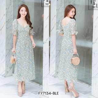 (S-3XL) ชุดเดรสยาวลายดอก คอวีกว้าง สีฟ้า IFY7134
