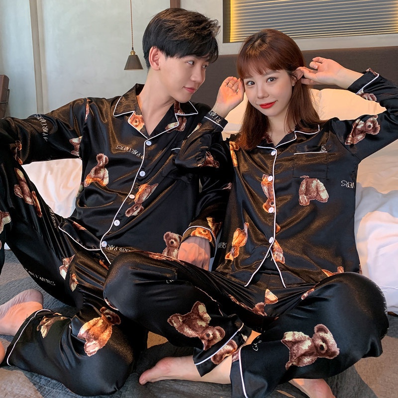 Couple pajamas female spring autumn ice silk large size long sleeve ...