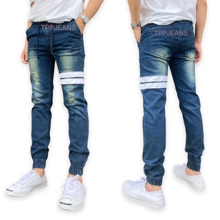 JEANSEXPRESS HD Jogger Jeans กางเกงขาจั้มสีบลูฟอกสนิมแต่งขาด เอวยางมีเชือก เป้าซิป ทรงสลิม มีไซส์ใหญ่ Size 28-44