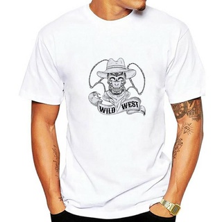 เสื้อยืดผ้าฝ้ายพิมพ์ลายขายดี Wild west cowboys skull hipster เสื้อยืดลําลองสําหรับ Unisex ผ้าฝ้าย แขนสั้น คอกลม พิมพ์ลาย