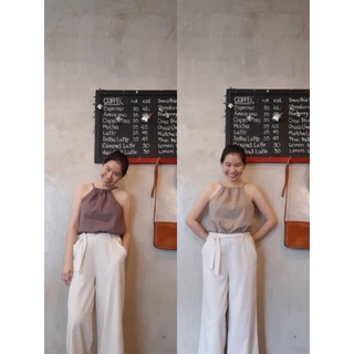 💜🤎 เสื้อสายเดี่ยวรูด ผ้าสาลูริ้วสีล้วน