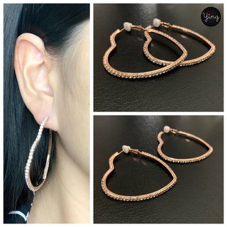 ต่างหูห่วงเพชรหัวใจสี Pink Gold ก้านเงินแท้