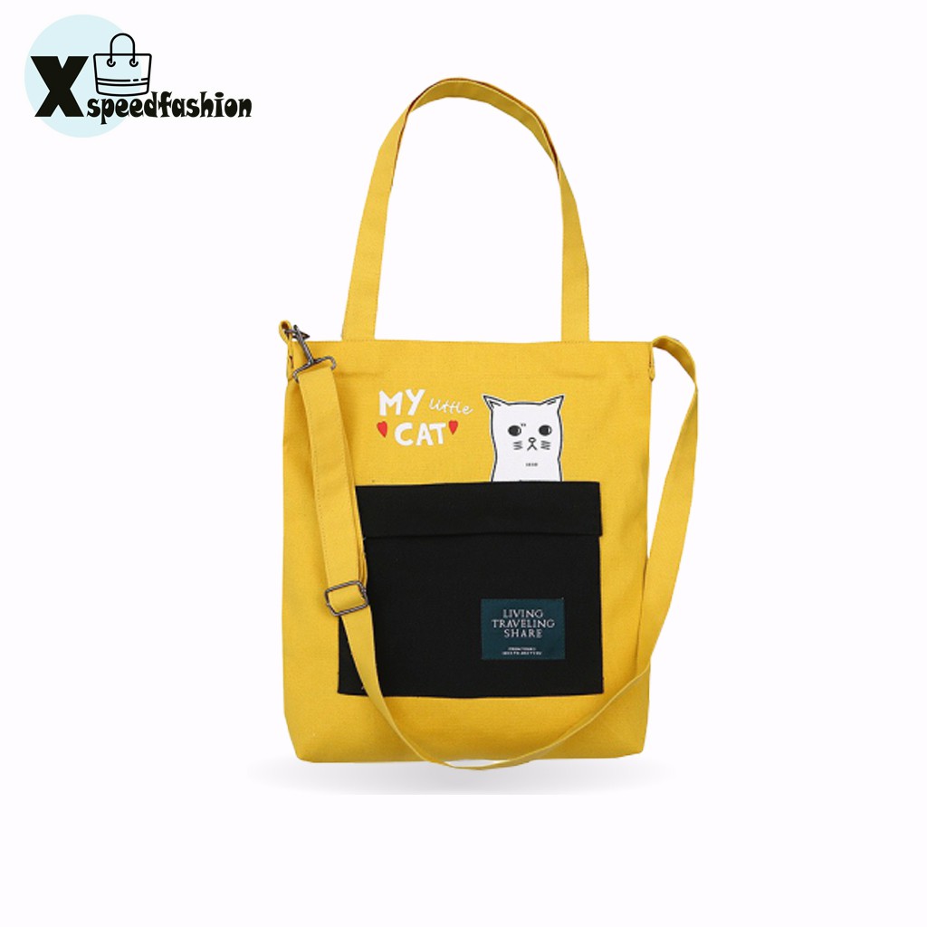 xspeedfashion(X1163)-E1 กระเป๋าผ้าสะาพายข้างสีทรูโทนแมว my cat