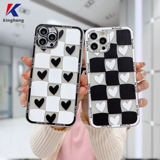 สี่เหลี่ยมขาวดำ เคสไอโฟน 13 12 11 PRO MAX 6 7 6S 8 Plus X XR XS MAX 11 12 13 mini Se 2020 6SPlus 7Plus 6Plus 8Plus XSMAX ลายหัวใจ เคสโทรศัพท์แบบใส