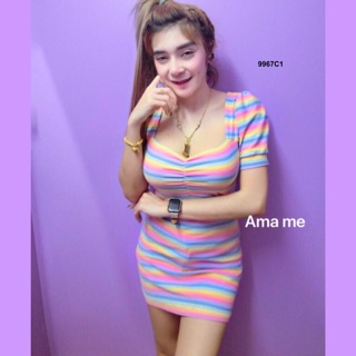 ชุดเดรสคอเหลี่ยมรุ้งพลาสเทล