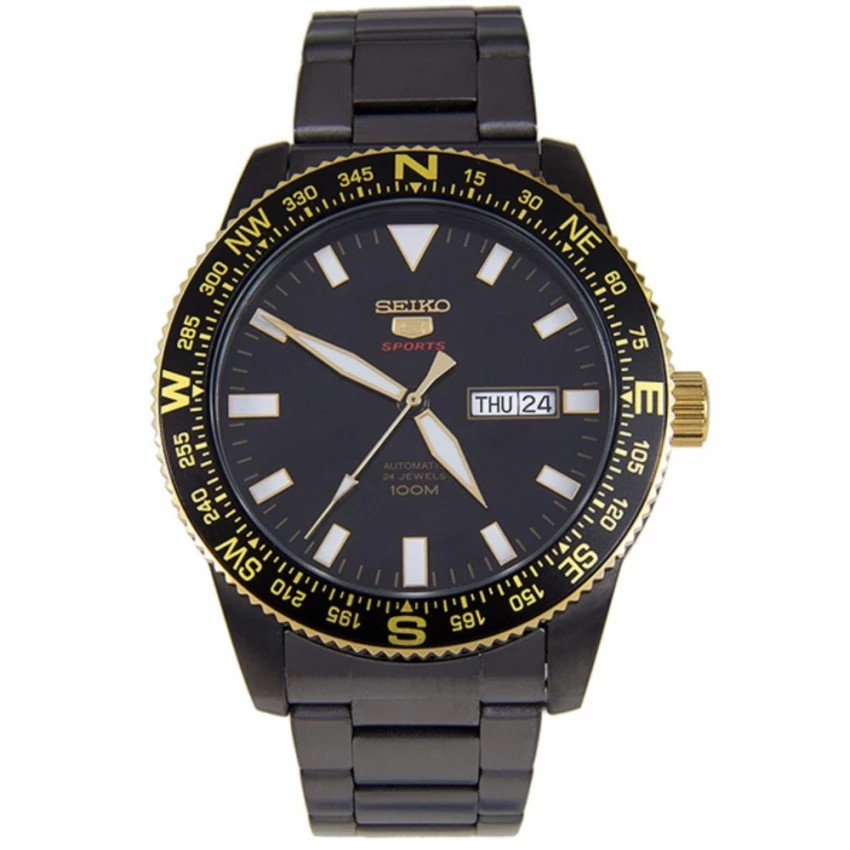 SEIKO นาฬิกาข้อมือผู้ชาย SPORTS 5 Automatic สีดำ/สีทอง สายสแตนเลสรมดำ  รุ่น SRP670K1