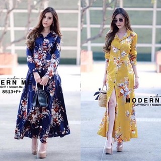 MaxiDress แม็กซี่เดรสเชิ้ตยาว แขนยาว ผ้าโฟร์เว พิมพ์ลายดอกไม้ ติดกระดุมหน้ายาวลงไปถึงชาย