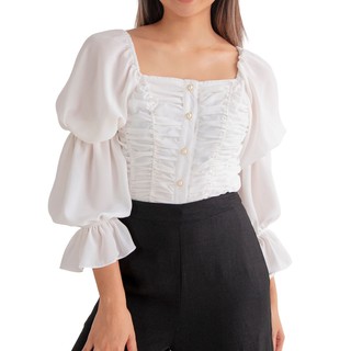 CALLA CREATIV เสื้อผู้หญิง จับสม๊อค แขนชมพู่ 2 ชั้น สีขาว Abigail Blouse - White