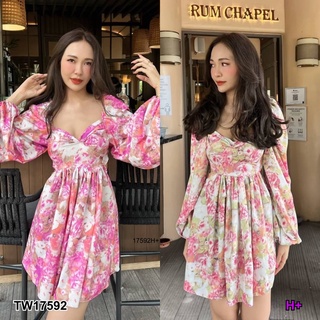 17592 เดรสแขนพอง พิมลาย เว้าหลัง Puff sleeve dress, floral print, cut back