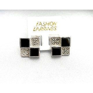 ต่างหูเงินแท้925 ตัวเรือนเงินแท้ประดับมาร์คาไซท์&amp;ออร์นิค(Onyx)(Marcasite Earring)