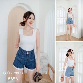 G.D.Jeans รุ่น  5656#กางเกงยีนส์แฟชั้นขาสั้นผ้าด้านทรงบอยสีเข้มแต่งลูกไม้ขาวปลายรอบขาติดดุมทองแบบน่ารัก