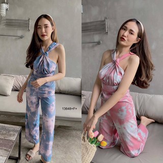 MF13648🍓 Jumpsuit จั้มสูทขายาว สายหน้าอกไขว้ ลายมัดย้อม เนื้อผ้าไหมอิตาลี่ เบา ใส่สบาย งานสวย ขายดีสุดๆ จองด่วนๆค่า